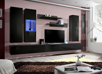 Picture of ASM Fly E Living Room Wall Unit Set Horizontal Glass Black/Black Gloss
