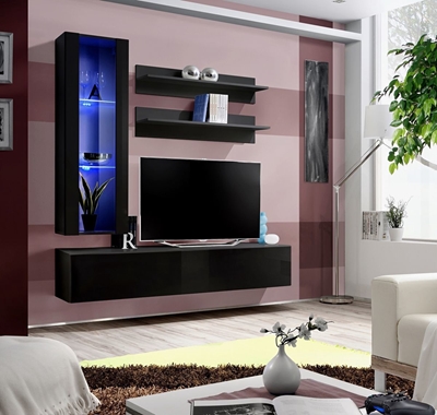 Picture of ASM Fly H Living Room Wall Unit Set Vertical Glass Black/Black Gloss