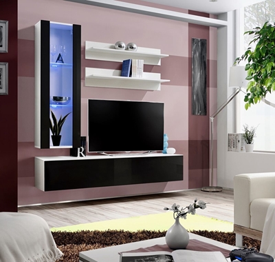 Picture of ASM Fly H Living Room Wall Unit Set Vertical Glass White/Black Gloss